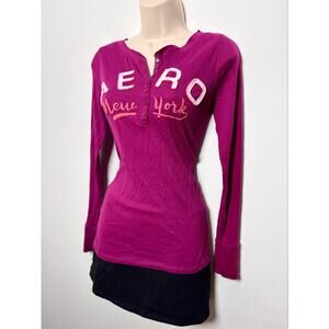 Vtg Y2K Aeropostale Magenta Logo Long Sleeve Henley Top Button Down